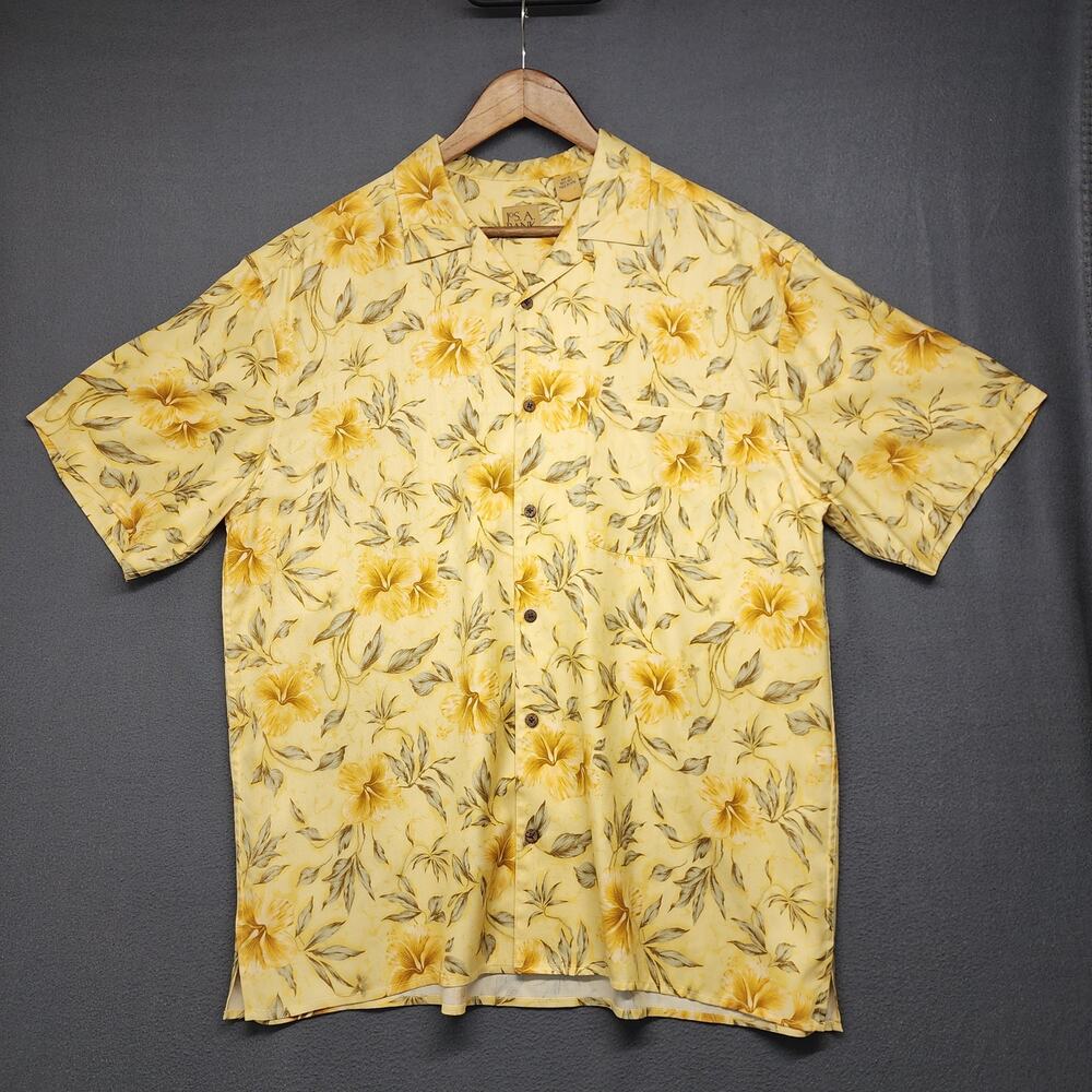 Jos A Bank Shirt Mens XL Yellow Silk Floral Hawaiian Camp Short Sleeve Button Up